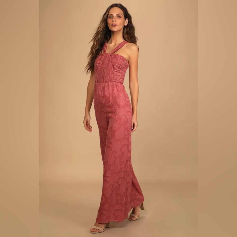 NWT Lovely Celebration Rose Pink Floral Burnout Chiffon Jumpsuit size XS